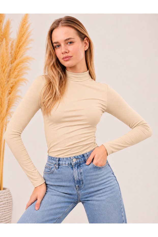 Women's Stretch Fabric Long-Sleeve Bodysuit, Nude
