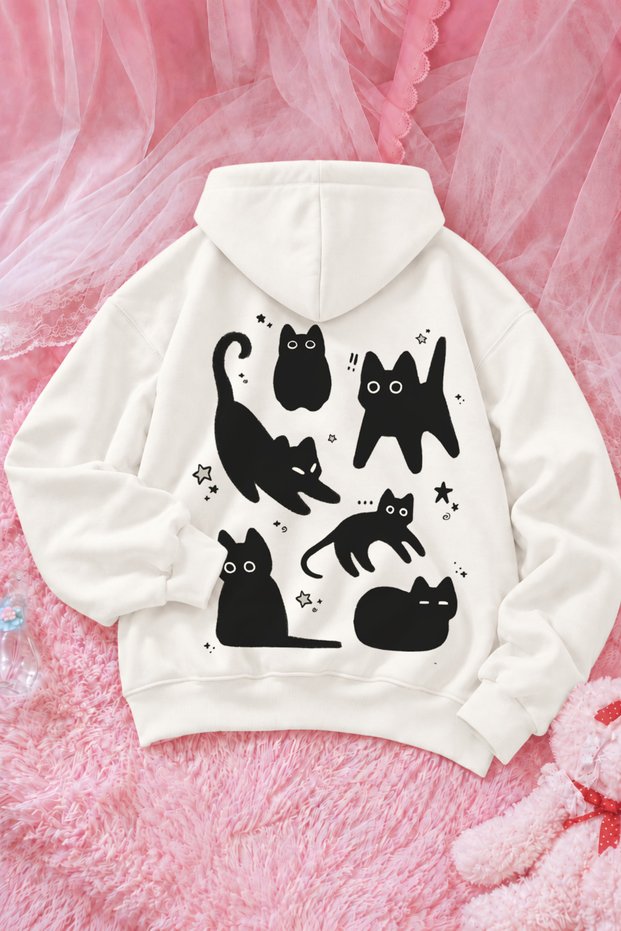 Unisex Black Cute Cats Print Front and Back Design Oversized 3-Ply Brushed Inside Hooded Sweatshirt