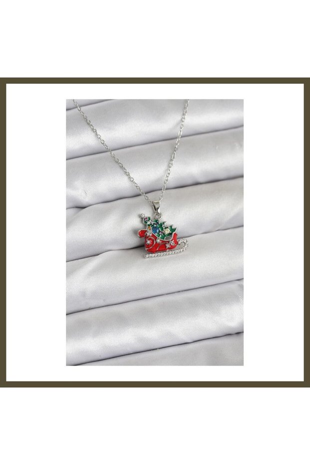316L Stainless Steel Chain, Silver-Colored, with a Sled and Fir Tree Motif—New Year's-Themed Women's Necklace BX