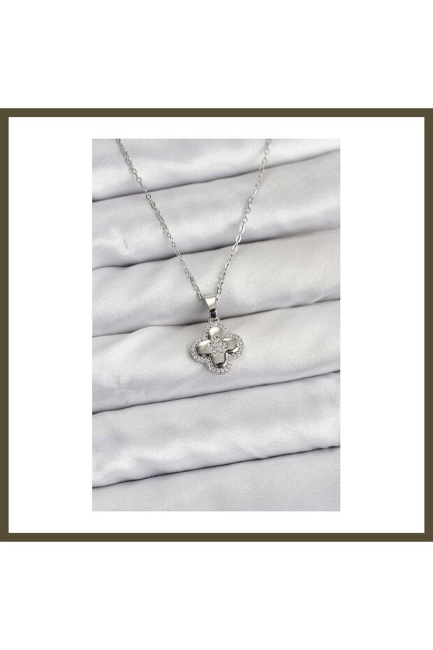 316L Stainless Steel Chain, Silver-Colored, Zircon-Set Clover-Shaped Women's Necklace BX
