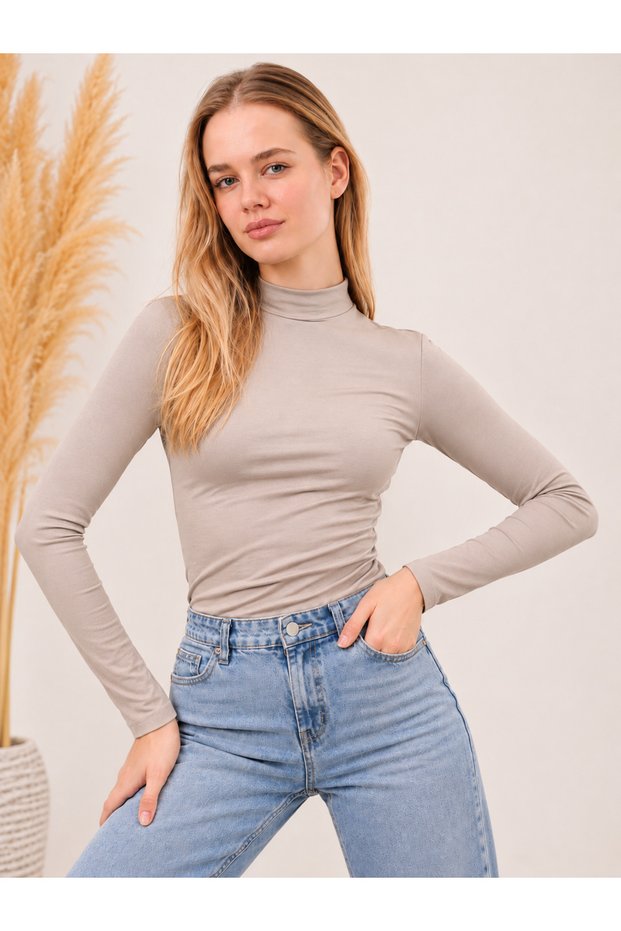Women's Stretch Fabric Long-Sleeve Bodysuit, Beige