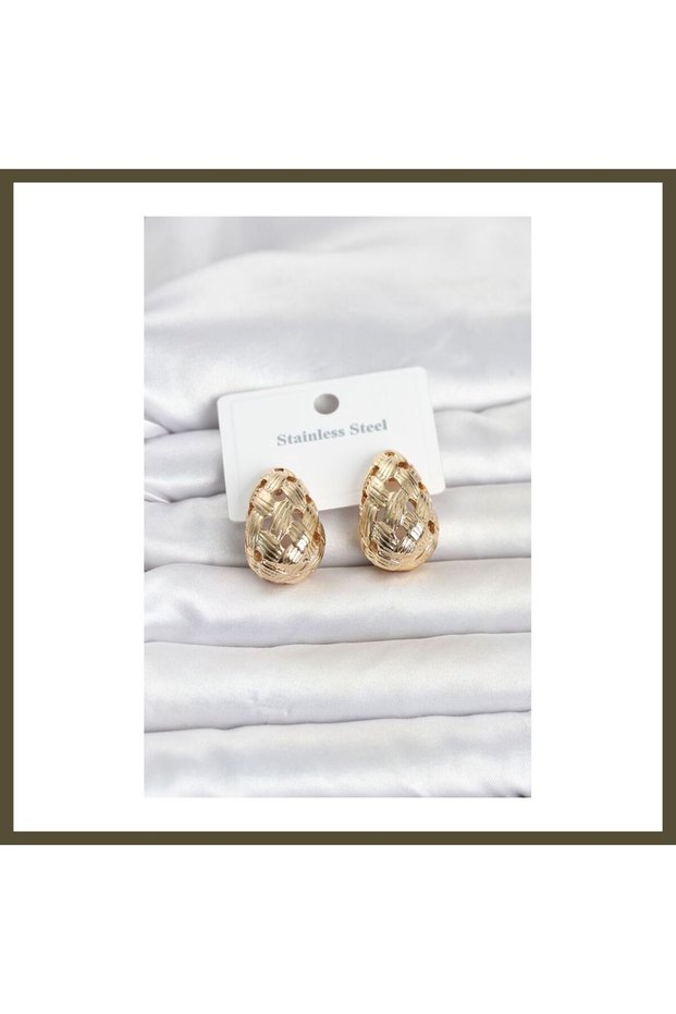 316L Steel Gold-Colored Checkered Teardrop Women's Earrings BX
