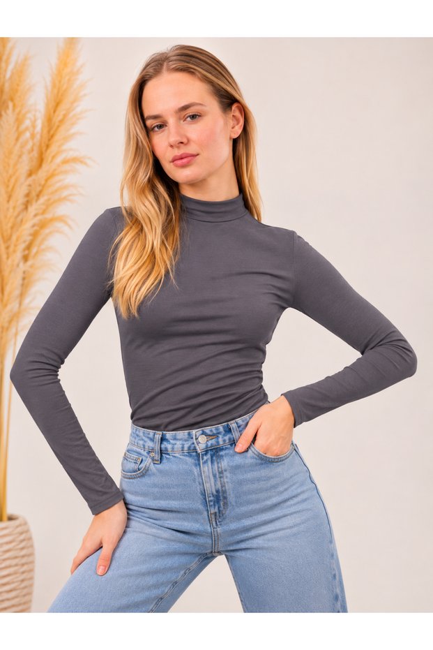 Women's Stretch Fabric Long-Sleeve Bodysuit, Dark Gray