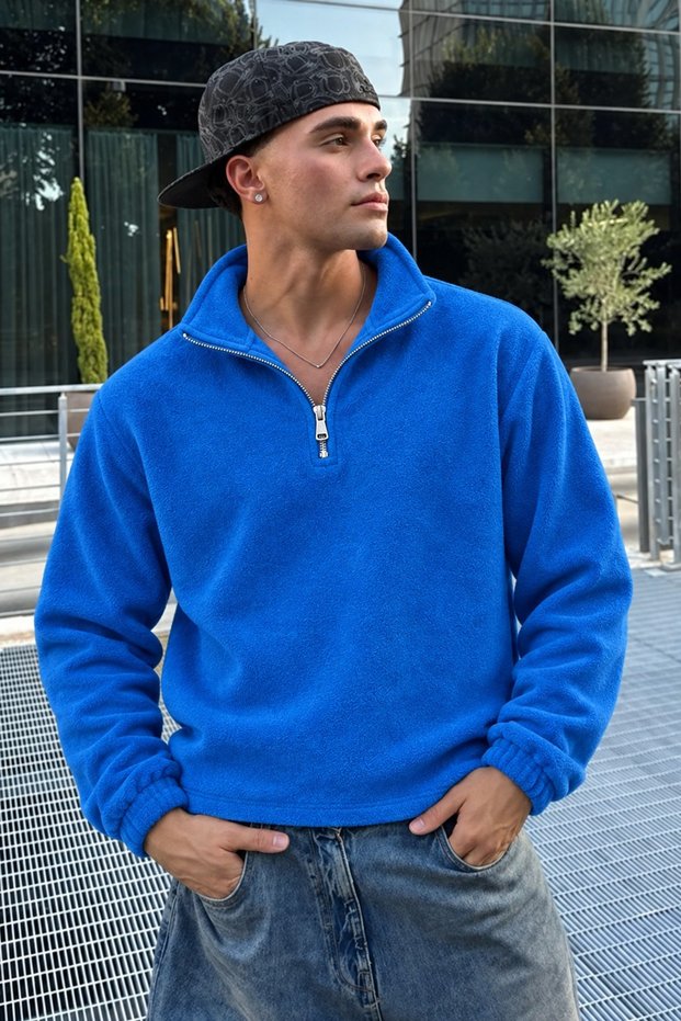 Men's Mock Neck Zip-Up Casual Blue Fleece-Lined Shirt