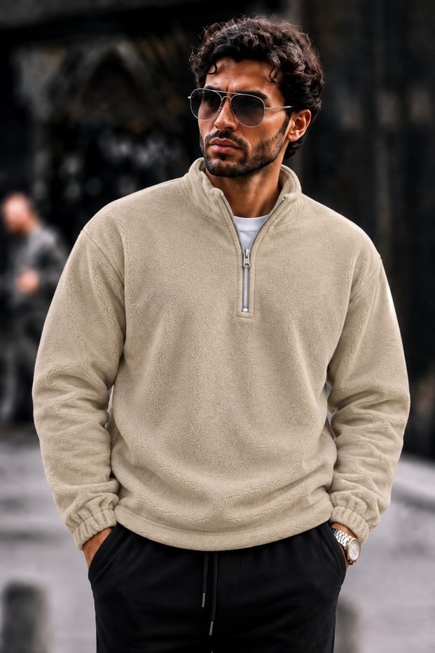 Men's Casual Beige Fleece with Half-Zip for Everyday Wear
