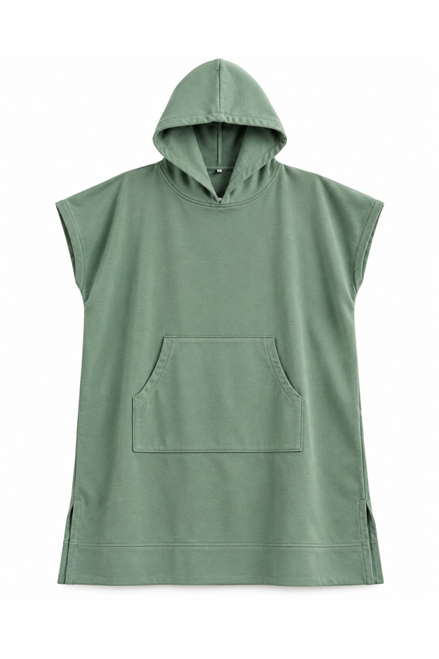 Unisex Beige, Khaki, and Orange Stretch Fabric Hooded Poncho - Oversized, Stretch Fabric, Kangaroo Pocket, Relaxed Fit Poncho for Camping, the Beach, and Everyday Use_Slightly Damaged.