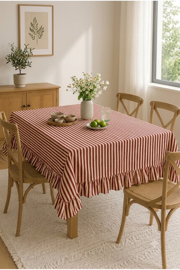 Striped Red Ruffled Tablecloth, Natural Vintage