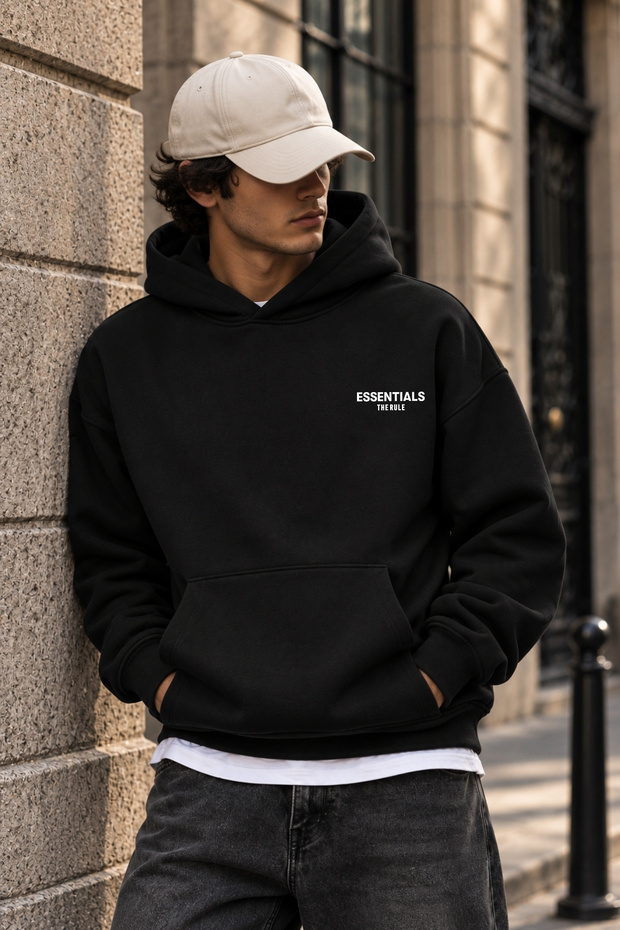 Unisex Essentials Printed Oversized Loose Fit 3-Ply Cotton Black Hooded Sweatshirt with Brushed Inside Shardons