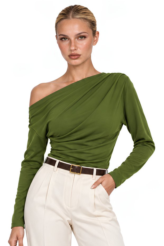 Women's Asymmetrical Collar Blouse | Gathered and Draped Detailed Design | Fitted Slim Fit | Long Sleeves | Scuba Crepe Knitted Fabric | Half Pat Buttoned | Flowing Design | Casual Stylish Women's Tops | Modern Elegant Blouse