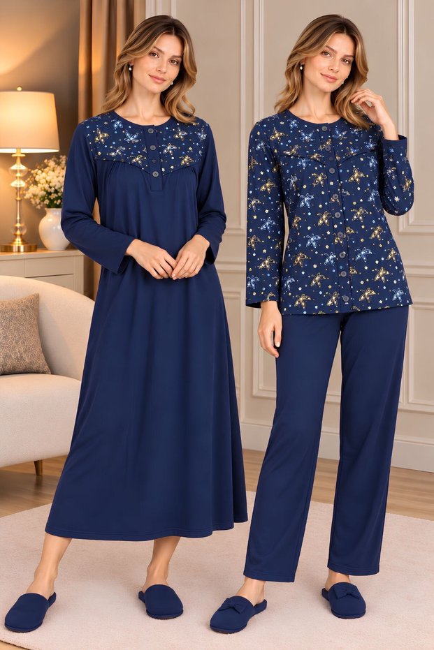 Mecit 6421 Navy Blue 100% Cotton Plus Size Women's Pajama and Nightgown Set