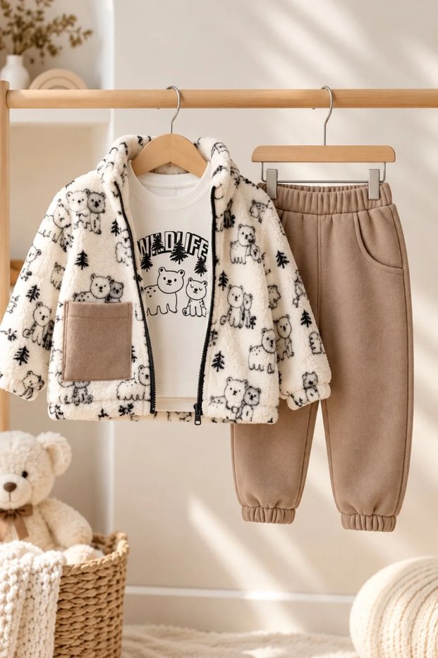 Baby Teddy Bear Print Plush Zip-Up Cardigan, Printed T-Shirt, and Sweatpants 3-Piece Winter Set