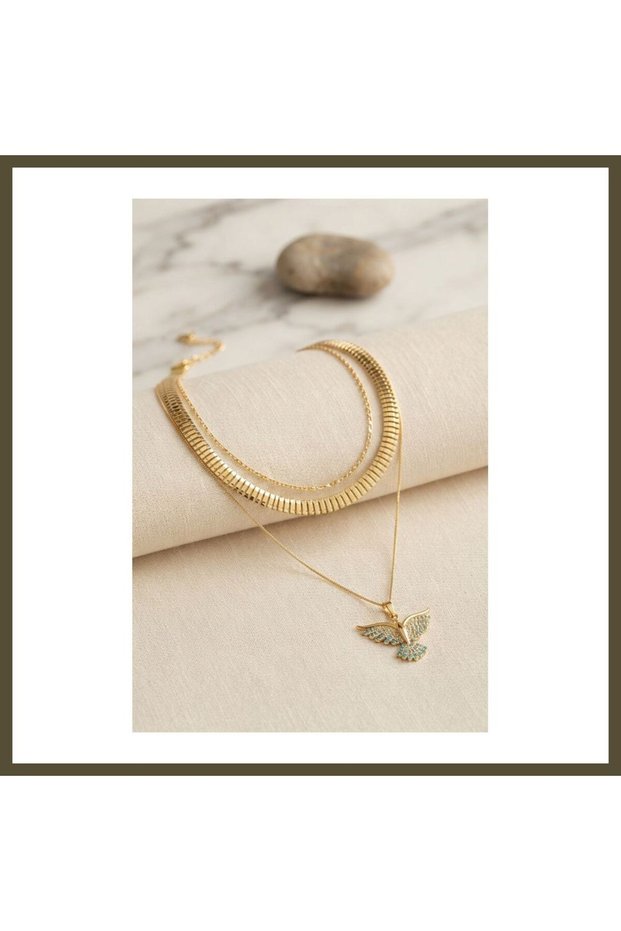 Gold-Toned Rice-Patterned Phoenix-Motif Snake Chain Detail Women's Necklace Set BX