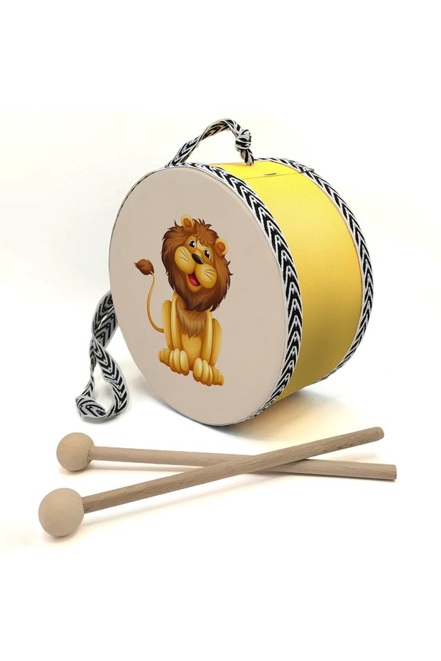 Lion-printed leather children's drum - yellow