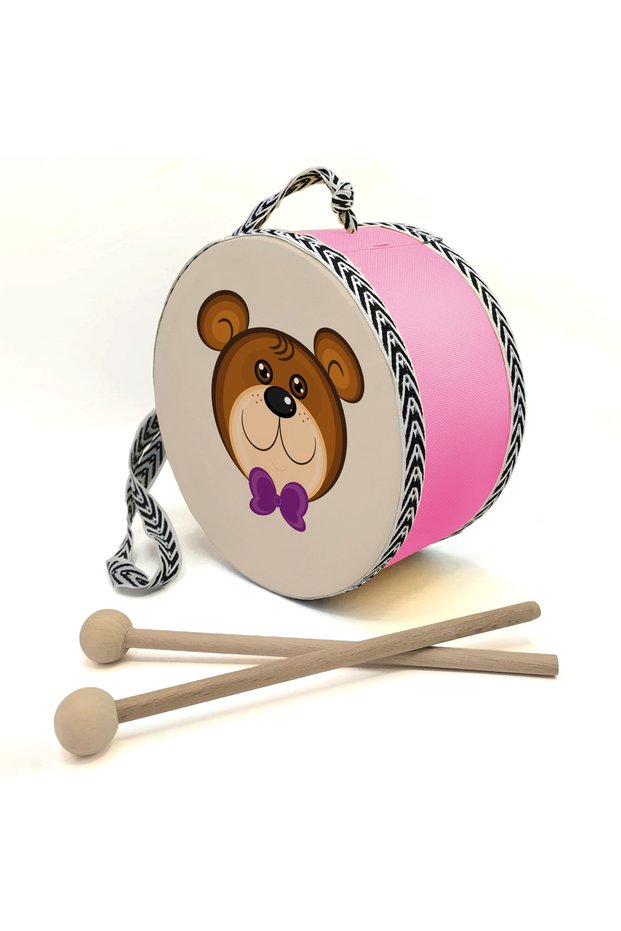 Children's Leather Drum with Bow-Tied Teddy Bear Print (Ages 1–5) - Pink