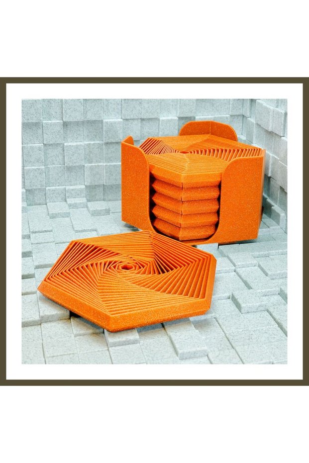 3D-Printed Super Fidget Coaster Set - Hexagonal-Patterned Coaster and Holder - Orange BX