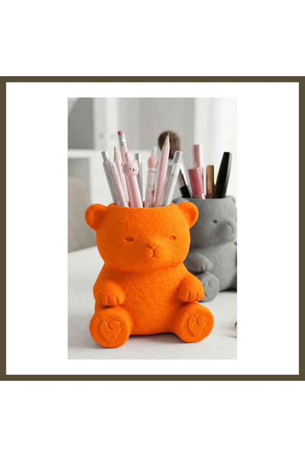 3D-Printed Cute Teddy Bear Pencil Holder - Desktop Organizer - Orange BX