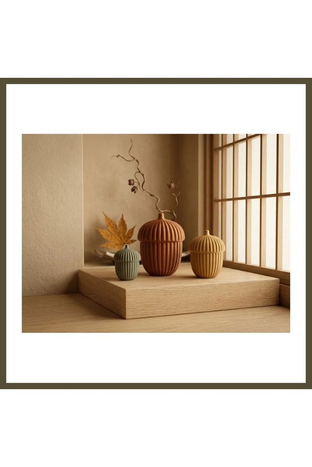 3D-Printed Set of 3 Oak Acorn-Shaped Lidded Boxes with Fluted Decorative Storage Jars—Sonbaha BX