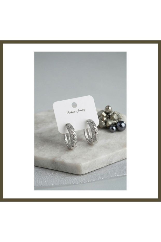 Silver-Colored Brass Hoop Earrings for Women with Zircon Stones and Geometric Motifs BX