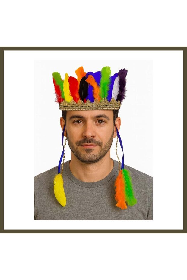 Native American Headpiece with Elastic Band, Embroidered with Colorful Feathers BX