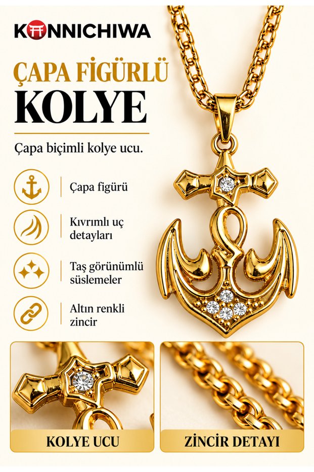 KONNICHIWA Gold-Toned Anchor-Shaped Chain Necklace with Stone Embellishments ⚓ BRING THE SPIRIT OF THE SEA TO YOUR STYLE!