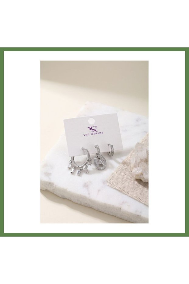 Silver-Toned Rice-Shaped Zircon Earring Set for Women HB006