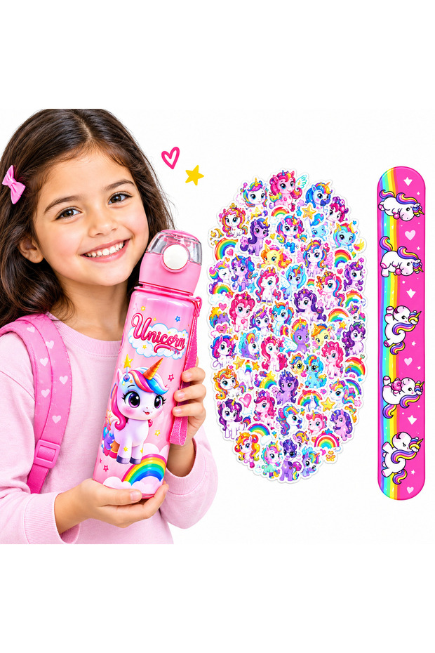 Water Bottle, 27oz/800ml Girls Plastic With free 25pcs Little pony Stickers and one slap bracelets,Leak Proof,BPA Free Water Bottle with Straw & Carry Strap , Unicorn