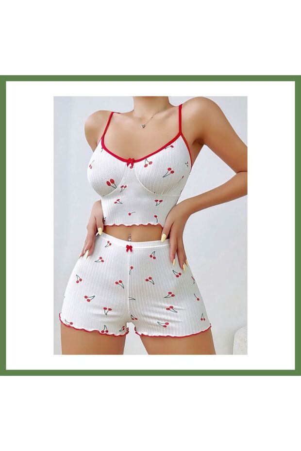 Women's Cherry-Print Lace Strapless Shorts Pajama Set 5193 · SIZE: S/M · COLOR: Beige HB006