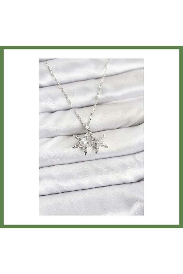 316L Stainless Steel Chain, Silver-Colored, Starfish-Design, Zircon-Set Women's Necklace HB006