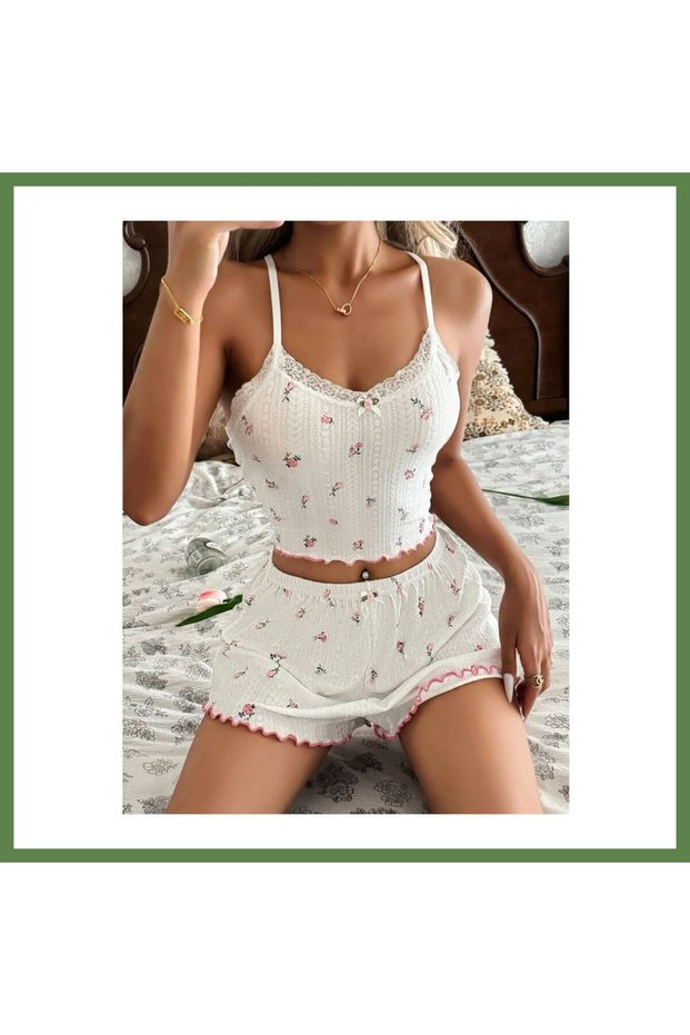 Women's Floral Print Lace-Strap Pajama Set with Shorts 5235 · SIZE: S/M · COLOR: Beige HB006