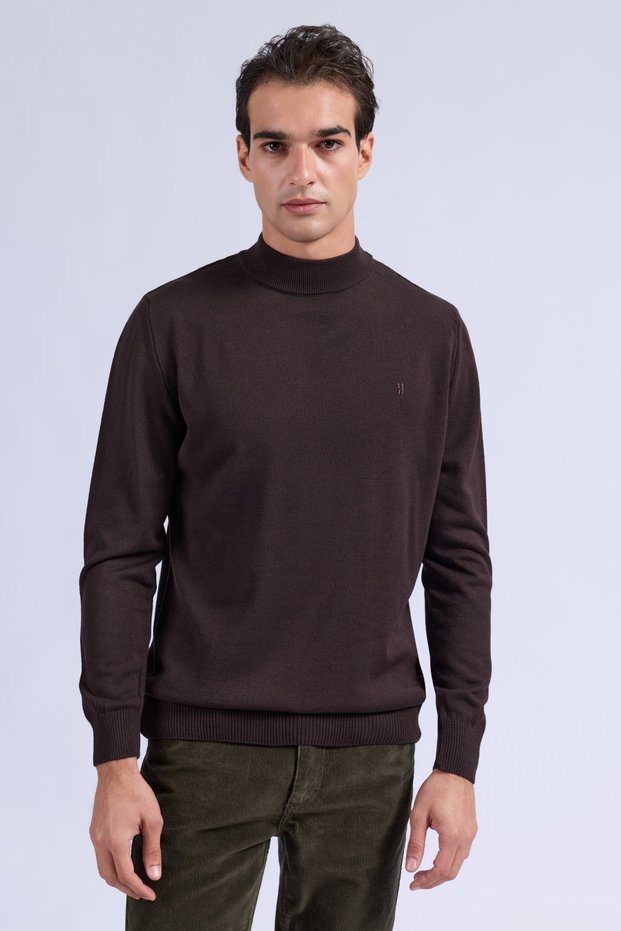 Brown Regular-Fit Half-Boat Neck Sweater