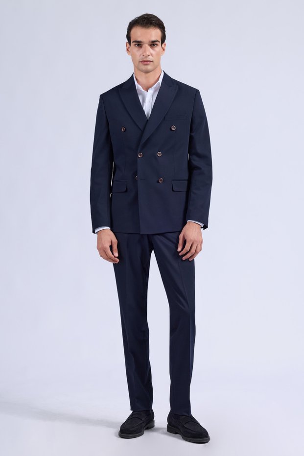 Navy Blue Regular Fit Pointed Collar Double Breasted Suit