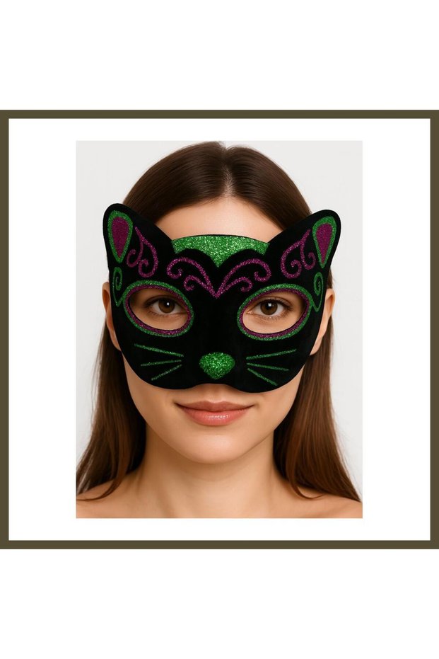 Cat Mask with Pink and Green Glittery Embroidery on Black Velvet Lining, 20x13 cm BX
