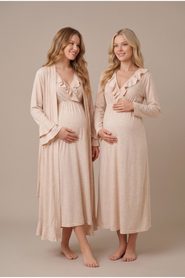 Women's Beige Double-Breasted Wrap Neckline Long-Sleeve Nursing-Friendly Robe and Nightgown Set for New Mothers and Pregnant Women