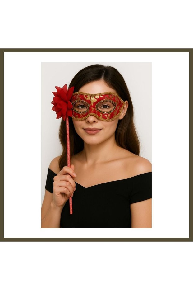 Luxury Strappy Bejeweled Masked Ball Mask, Red, 35 cm BX