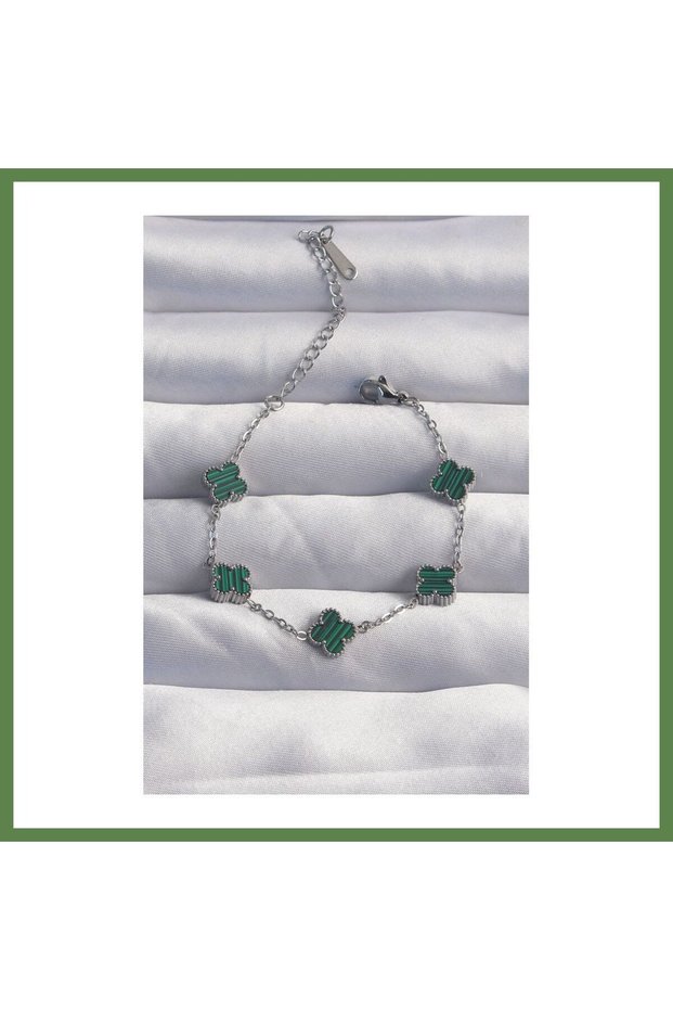 316L Stainless Steel Baby Boy Silver-Colored Striped Green Enameled Clover Bracelet HB006