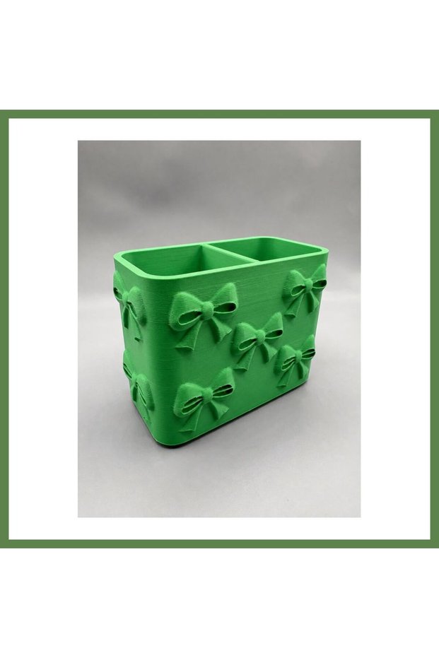 3D-Printed Bow Detail-Patterned Compartmentalized Pencil Holder - Desktop Organizer - Green HB006