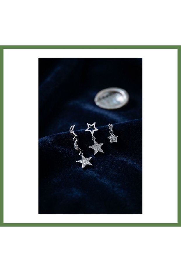 Silver-Tone Rice-Shaped Moon and Star Modal Evening-Style Women's Earring Set HB006