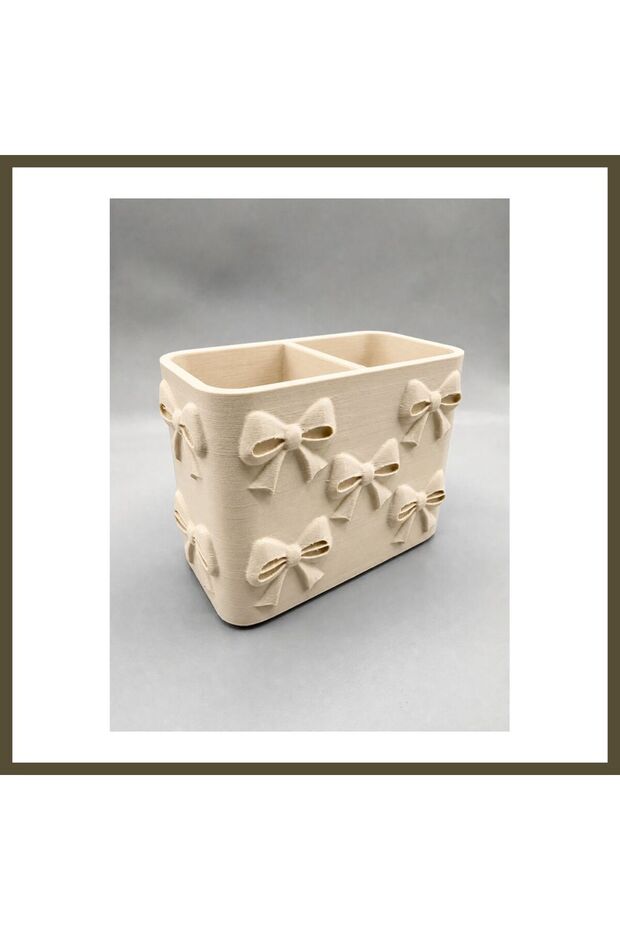 3D-Printed Pencil Holder with Bow Detail and Compartmentalization - Desktop Organizer - Beige BX