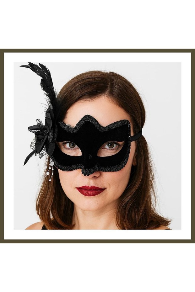 Black, Side-Fringed, White-Beaded, Suede-Covered, Grade A Luxury Party Mask, 20x23 cm, BX