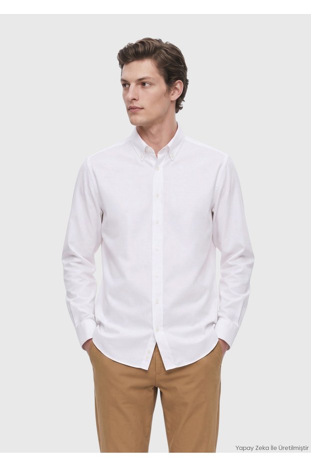 White Solid-Color Regular-Fit Long-Sleeve Casual Shirt