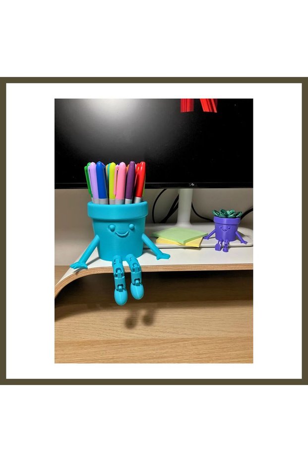 3D-Printed Moving Smiling Pencil Holder - Articulated Desktop Organizer - Blue BX