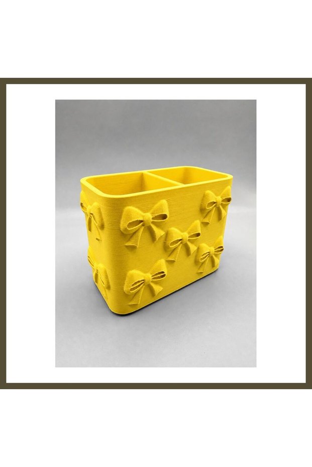 3D-Printed Pencil Holder with Bow Detail and Compartmentalization - Desktop Organizer - Yellow BX