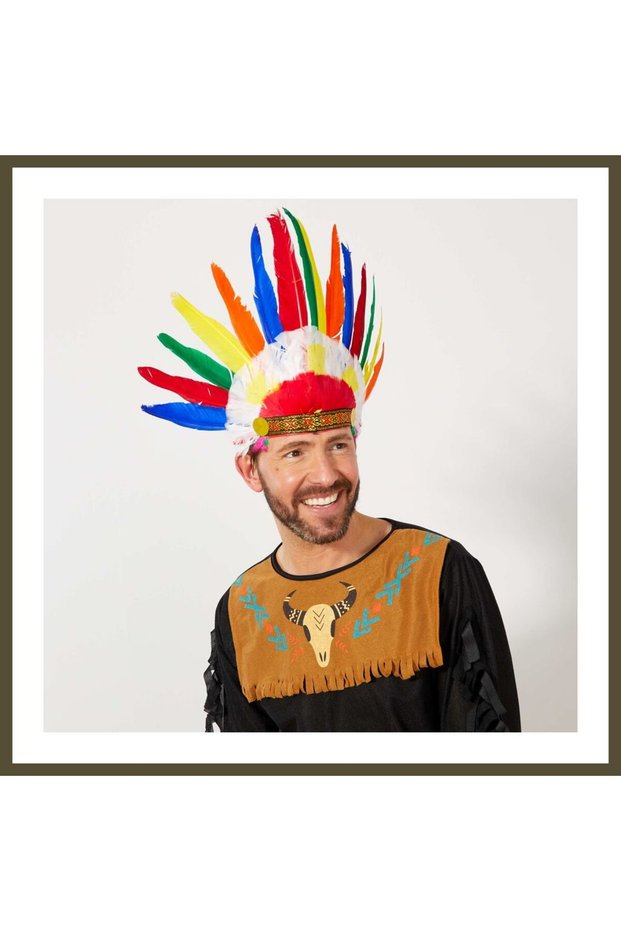 Colorful, Real-Feathered, Rubber-Strapped Native American Headpiece BX