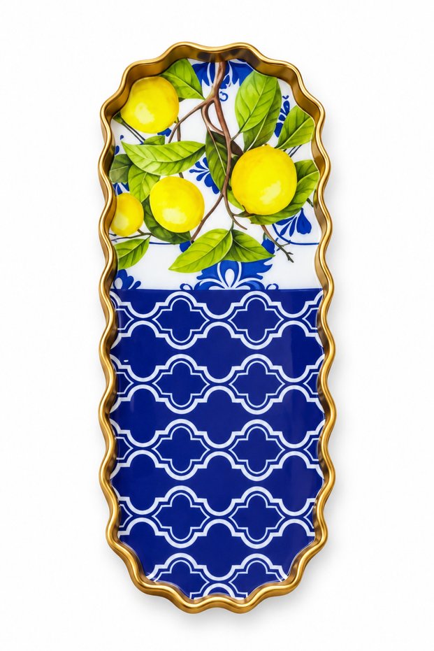 UV-Printed Glass Serving Tray with Gold-Edged Wavy Design—Decorative Tea, Coffee, and Snack Tray