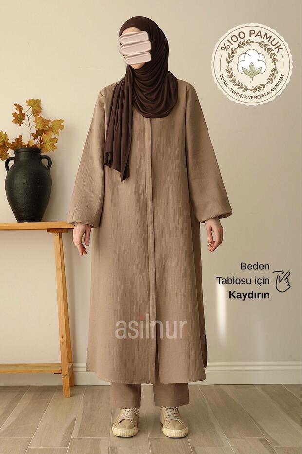 Sahra Women's 100% Cotton Muslin Umrah and Hajj Two-Piece Set in taupe color