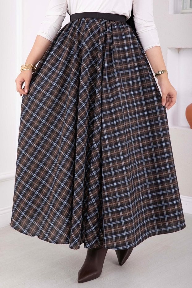 Plaid Flared Skirt, Black and Tan