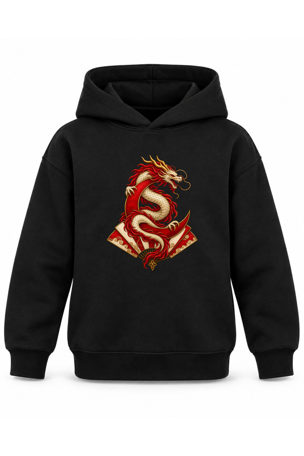 Black Kids' Hooded Sweatshirt with Dragon and Red Rays Print