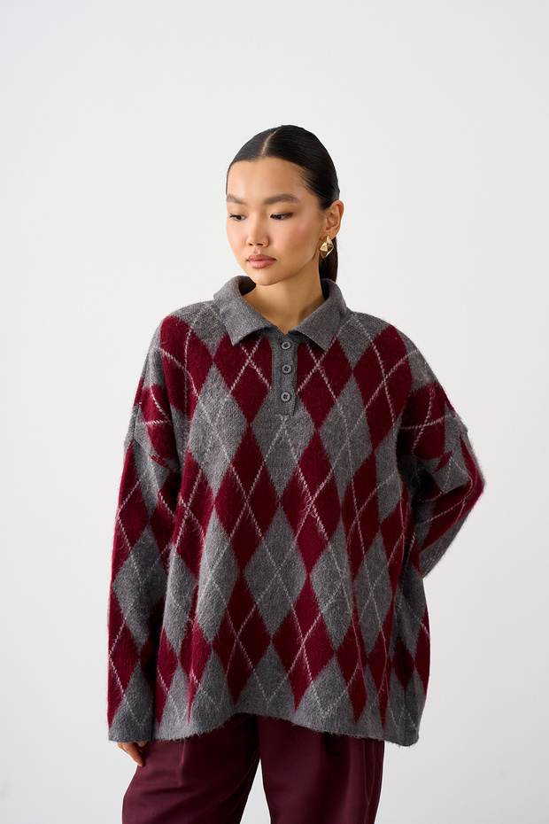 Women's Polo Collar Diamond Patterned Oversized Knit Sweater, Gray