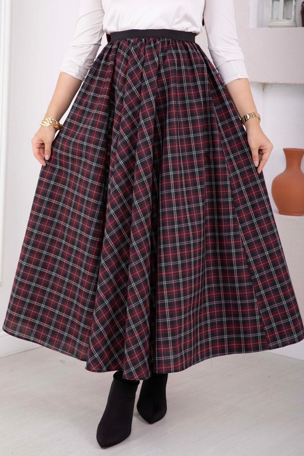 Plaid Flared Skirt, Burgundy and Black