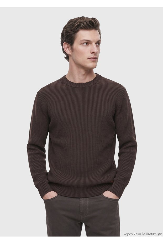 Brown Crew Neck Corded Fabric Wool Blend Knit Sweater